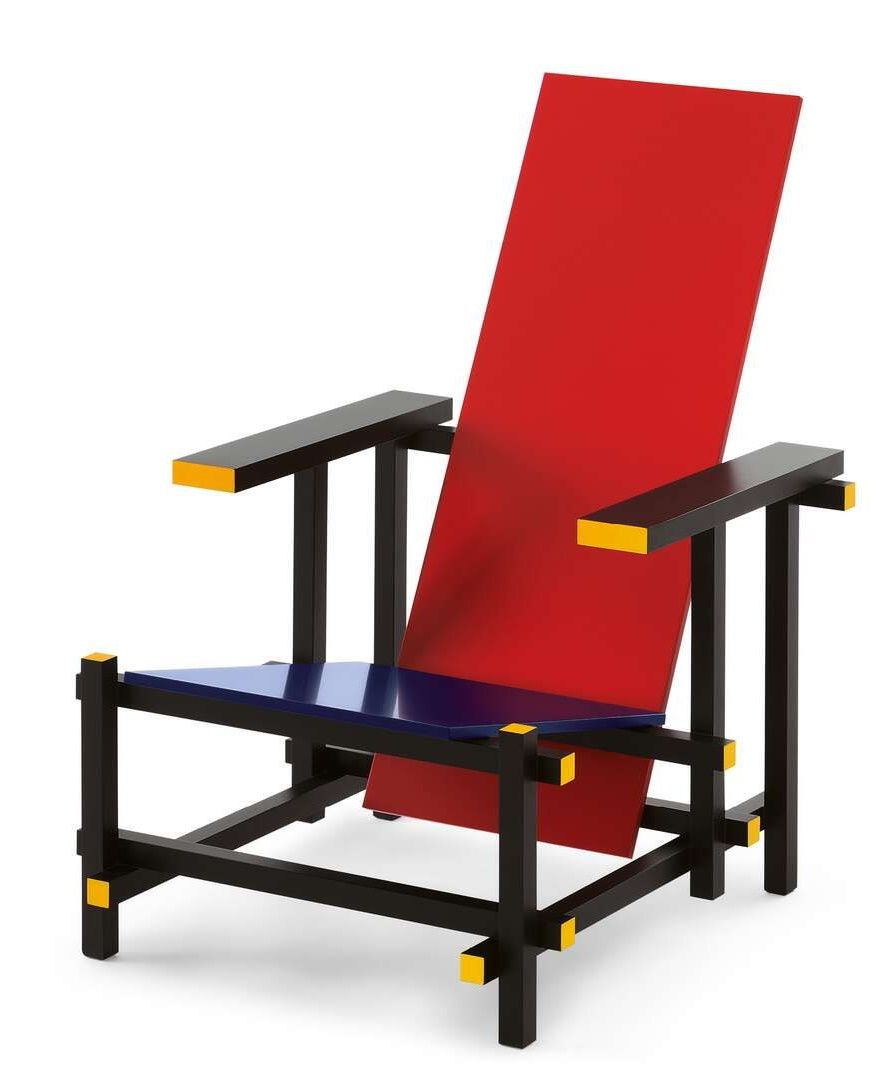 635 Red and Blue Sessel von Cassina: Moderner Design-Sessel mit roter Rückenlehne und blauer Sitzfläche.